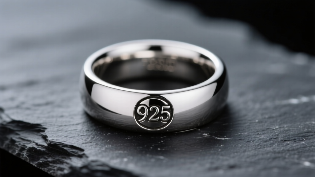 Close-up macro shot of a polished 925 sterling silver signet ring resting on dark slate, highlighting the crisp 925 hallmark stamp.