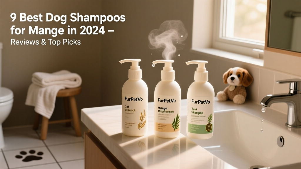 Side-by-side comparison of three FurPetVo mange shampoos on a clean bathroom counter, with visible ingredient labels and gentle dispensers