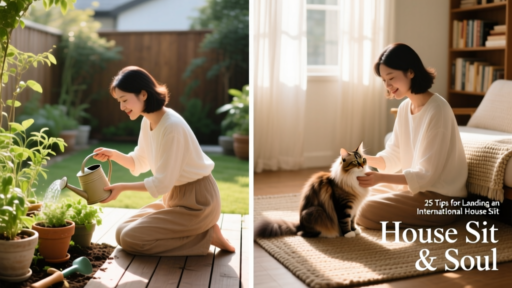 Side-by-side collage: one image shows a sitter carefully watering plants in a tidy backyard; another shows them calmly brushing a long-haired cat indoors