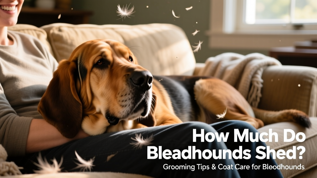 A smiling Bloodhound resting its head on a family member’s lap, surrounded by soft light and a few stray hairs on the couch