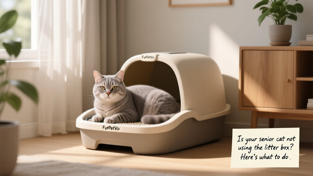 A calm senior cat comfortably using a FurPetVo low-entry litter box in a quiet, well-lit corner of the home
