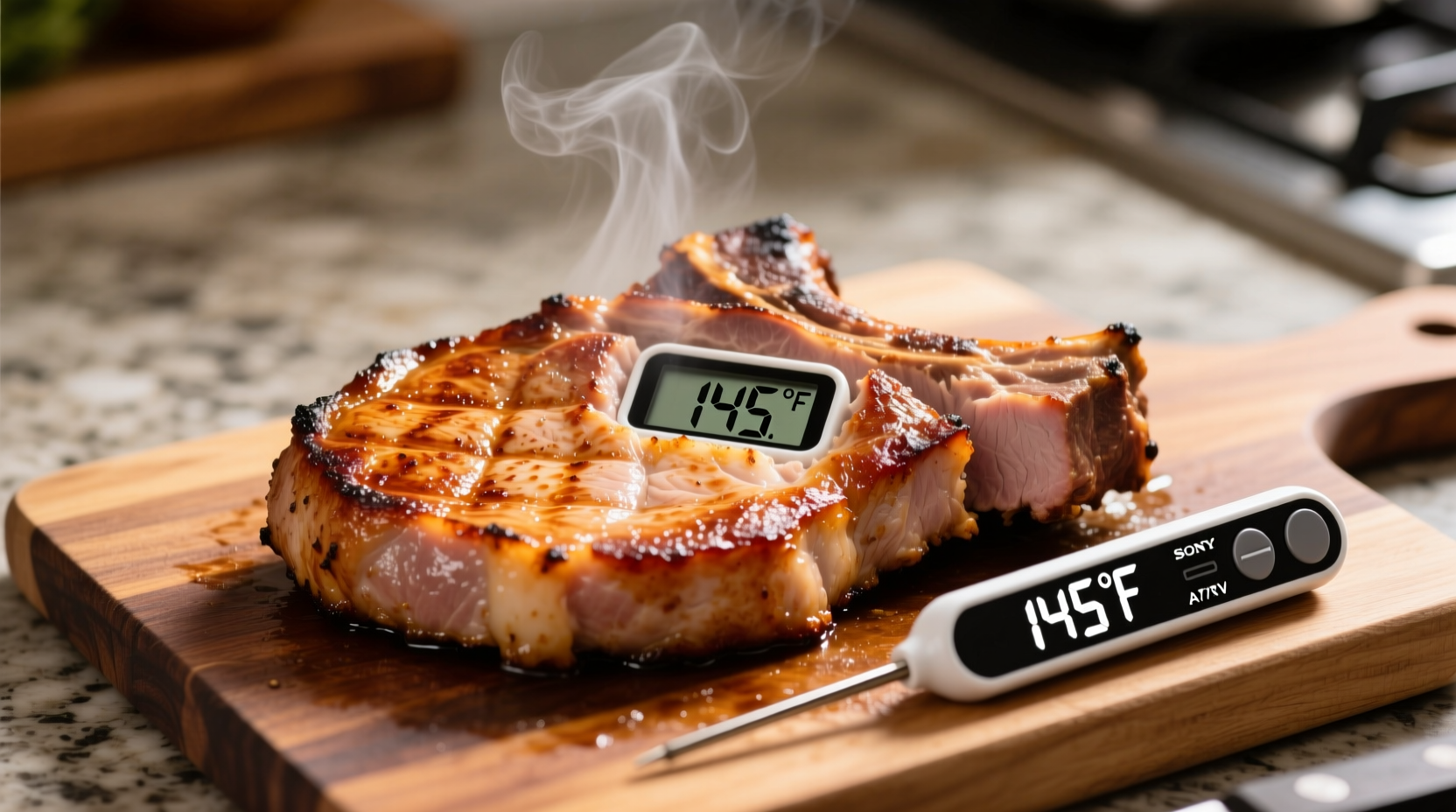 Perfectly cooked pork chop with thermometer showing 145 degrees