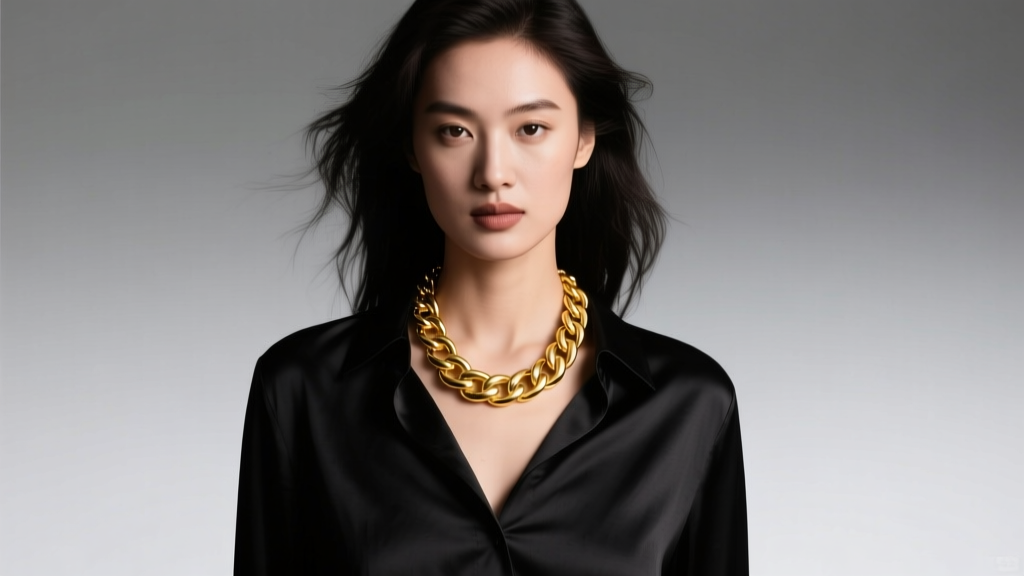 Fashion shot of a model wearing a chunky 14k yellow gold Cuban link chain necklace over a black silk blouse, soft studio lighting