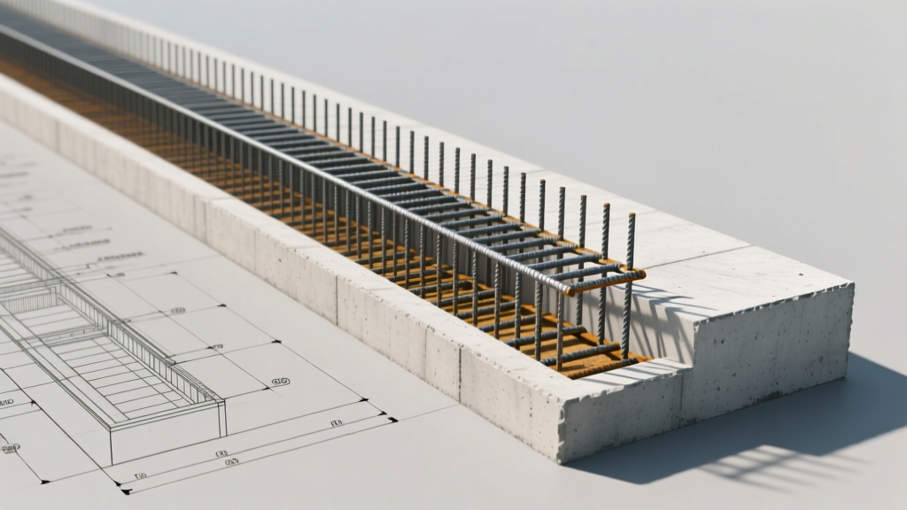 Cross-section architectural blueprint of continuous strip and isolated pad concrete foundation footings reinforced with steel rebar