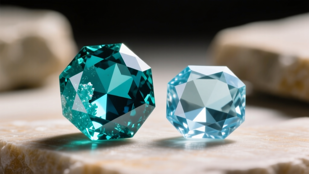 Macro shot of raw Montana teal sapphire crystal beside a cut aquamarine, showing natural hexagonal habit and internal inclusions.