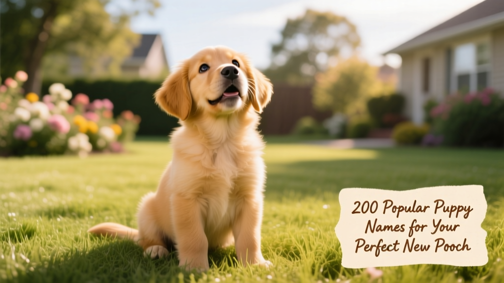 A joyful golden retriever puppy sitting on a sunlit grassy lawn, looking up with bright, curious eyes
