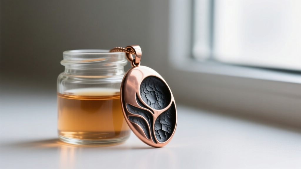 Small glass jar of liver of sulfur patina solution next to a polished copper pendant showing dark oxidized recesses
