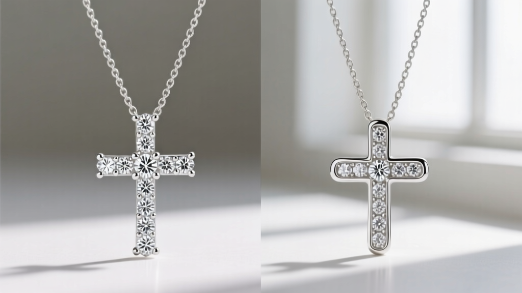 Side-by-side view of prong and bezel-set dainty diamond cross necklaces, showing how metal choice affects overall diamond spread