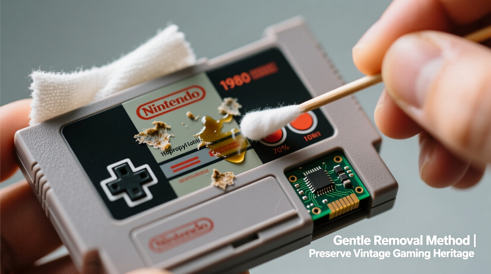 how to safely remove sticky residue from vintage game cartridges without damage
