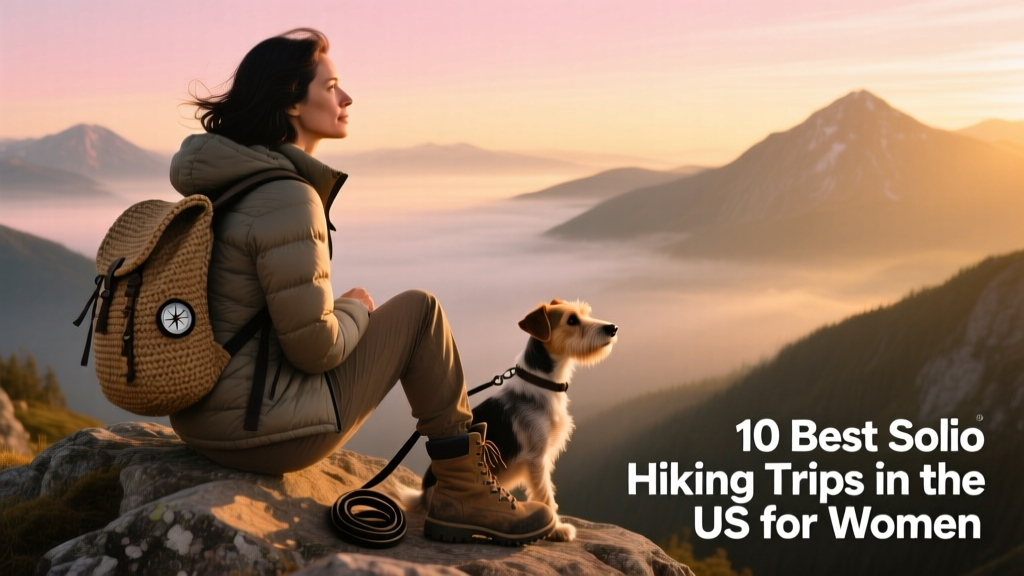 Solo female backpacker seated on a rocky outcrop, overlooking misty mountain valleys at sunrise