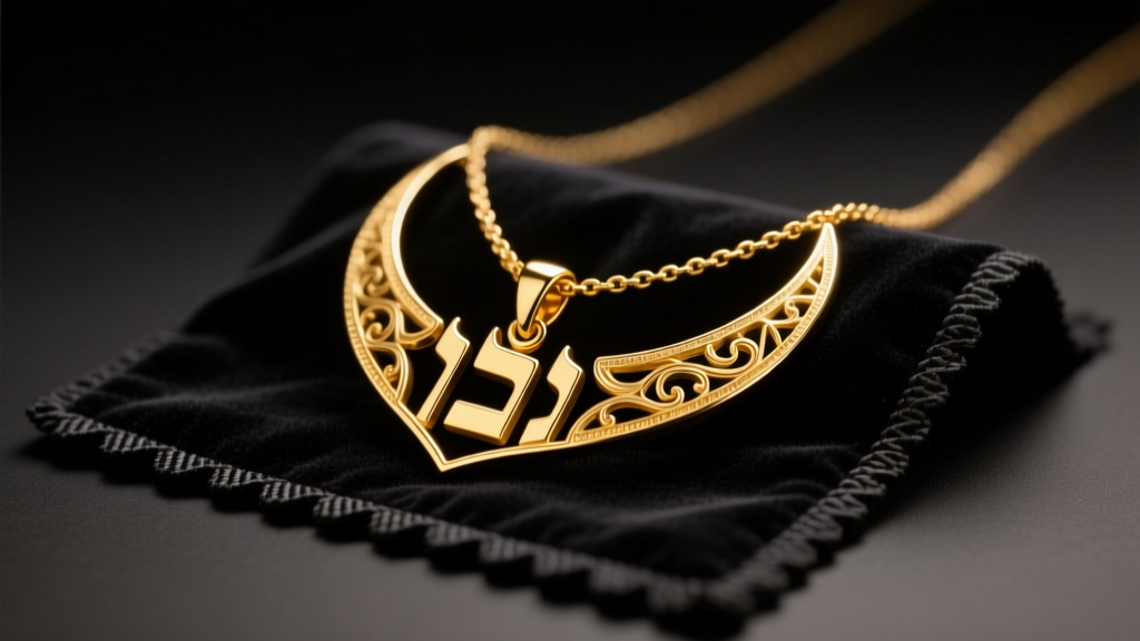 14k yellow gold Hebrew Chai necklace resting on a dark velvet cleaning mat, illuminated by soft warm directional studio lighting.