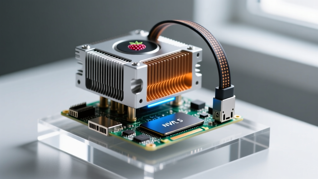 Close-up macro shot of the Raspberry Pi 5 active cooler and PCIe ribbon cable connected to an NVMe SSD baseplate on an acrylic stand.