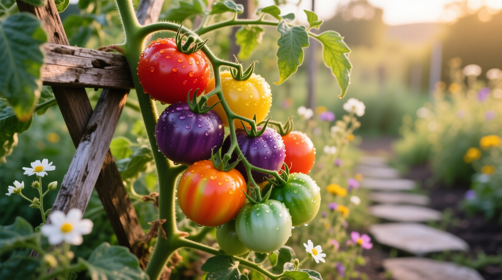Vibrant rainbow tomato varieties growing on vine