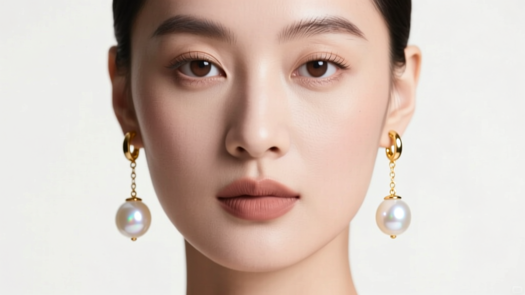 Close-up of a model wearing 18k gold pearl double drop earrings, soft studio light highlighting the luster of white Akoya pearls.