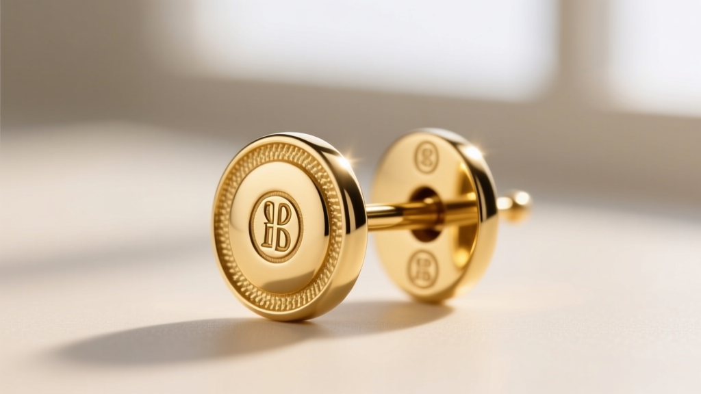 Macro shot of a luxury earring post and backing, highlighting the metal stamp and high-polish gold plating finish on a brass base