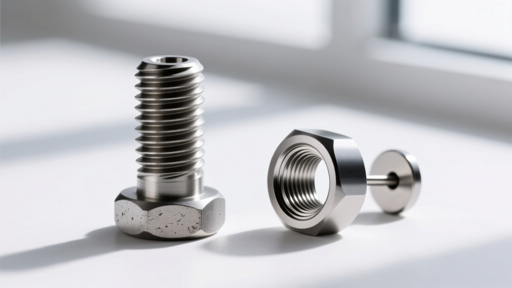 Side-by-side macro comparison showing external threading on a steel post versus internal threading on a titanium earring post