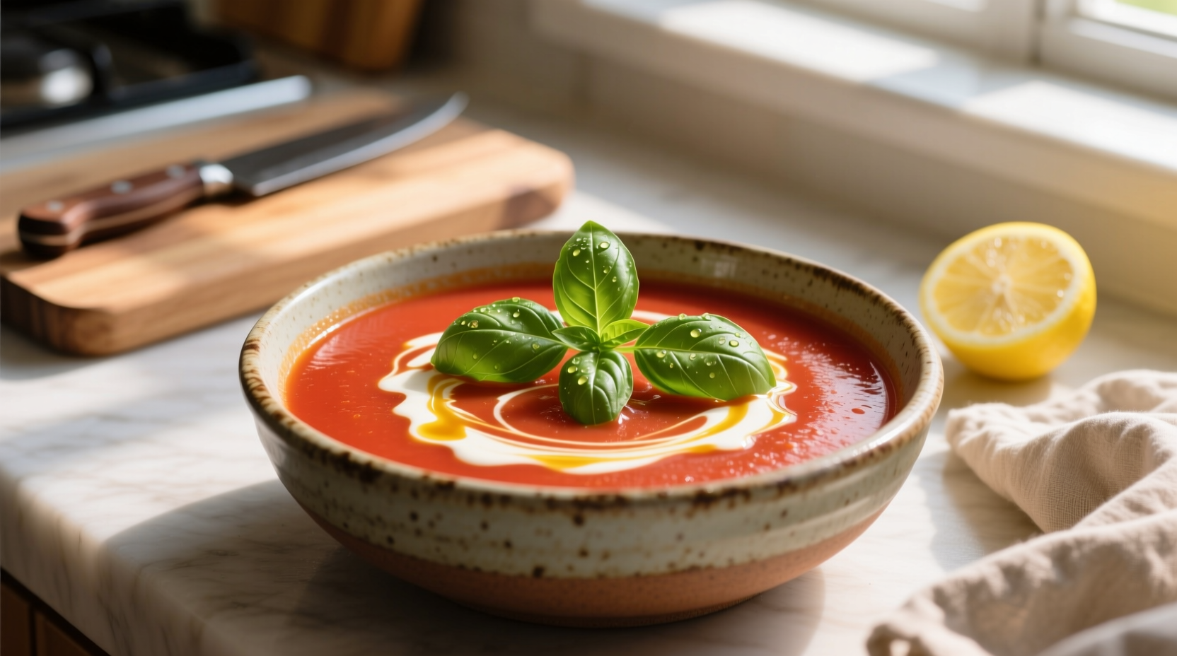 Bowl of homemade tomato soup with fresh basil garnish