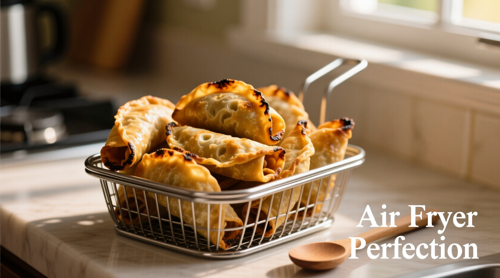 Golden brown taquitos arranged in air fryer basket