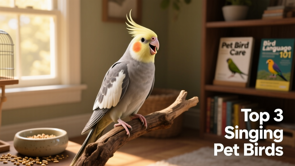 A male cockatiel perched upright, head tilted slightly, beak open mid-whistle