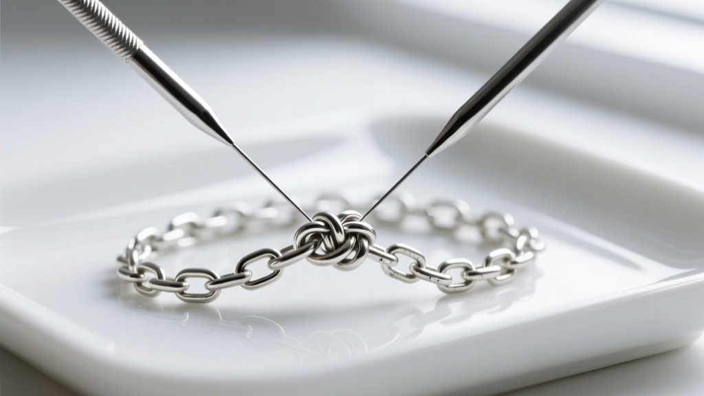 Close-up of two fine needles gently working apart a micro-knot in a delicate sterling silver box chain on a white ceramic tray.