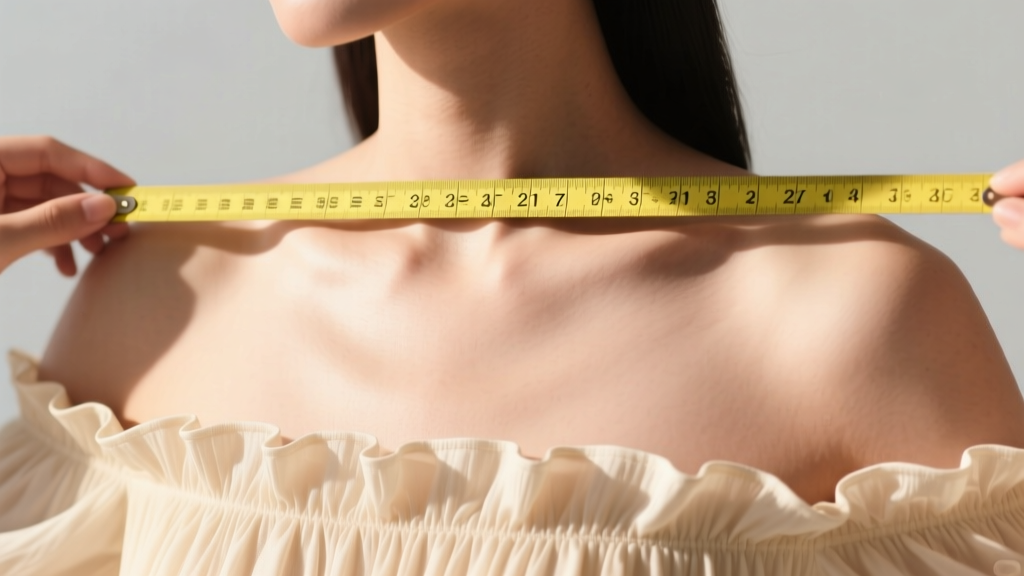 Yellow measuring tape on a collarbone measuring the two-inch gap between skin and a ruffled off shoulder dress hem in bright light