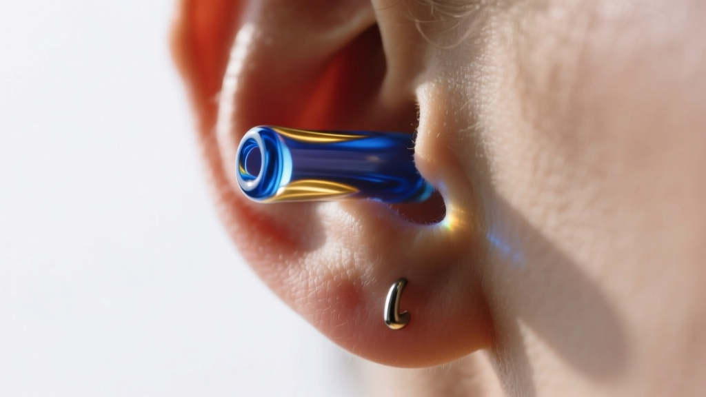 Close-up of a stretched earlobe wearing a 4-gauge borosilicate glass single-flare tunnel, illuminated by soft natural window light