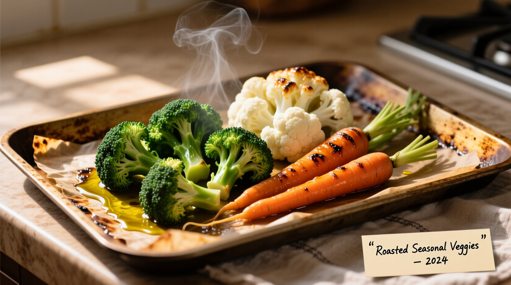 Perfectly roasted broccoli cauliflower and carrots on sheet pan