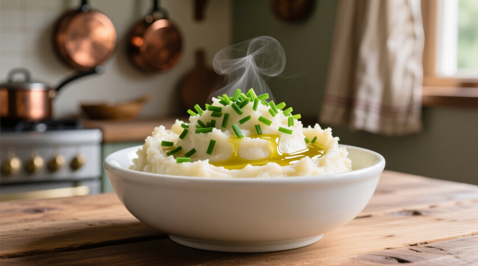 Creamy garlic mash in white bowl with fresh chives