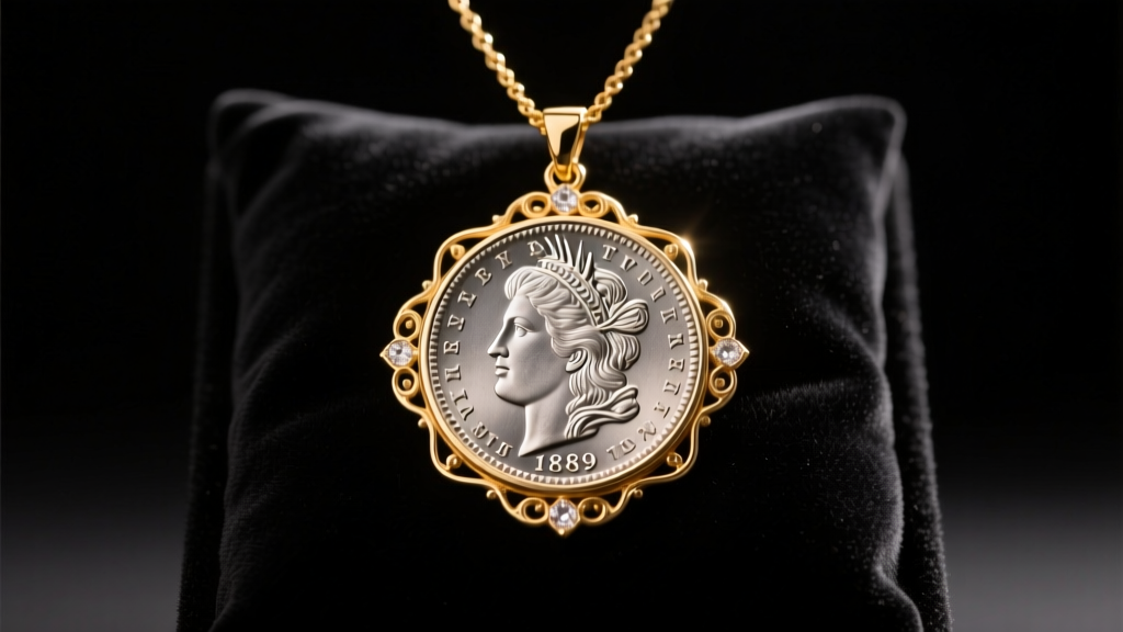 An 1889 Morgan Silver dollar in a 14k gold bezel necklace, resting on dark velvet under soft, warm studio lighting highlights.