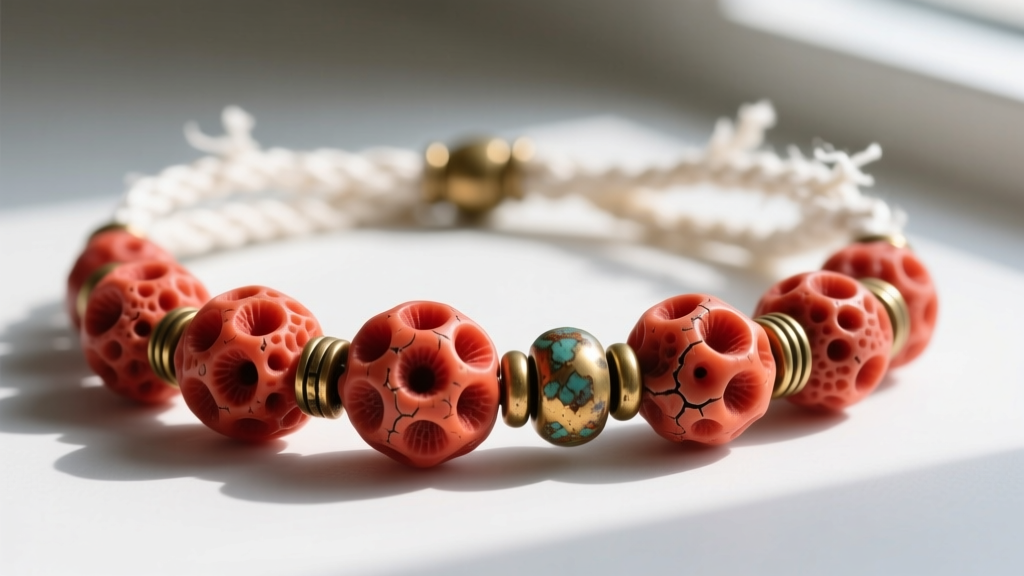 Extreme macro close-up of porous red coral beads and oxidized brass spacers threaded on a slightly frayed white cotton cord.