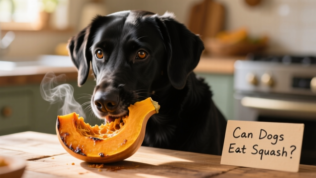 Black and white dog eating plain roasted butternut squash