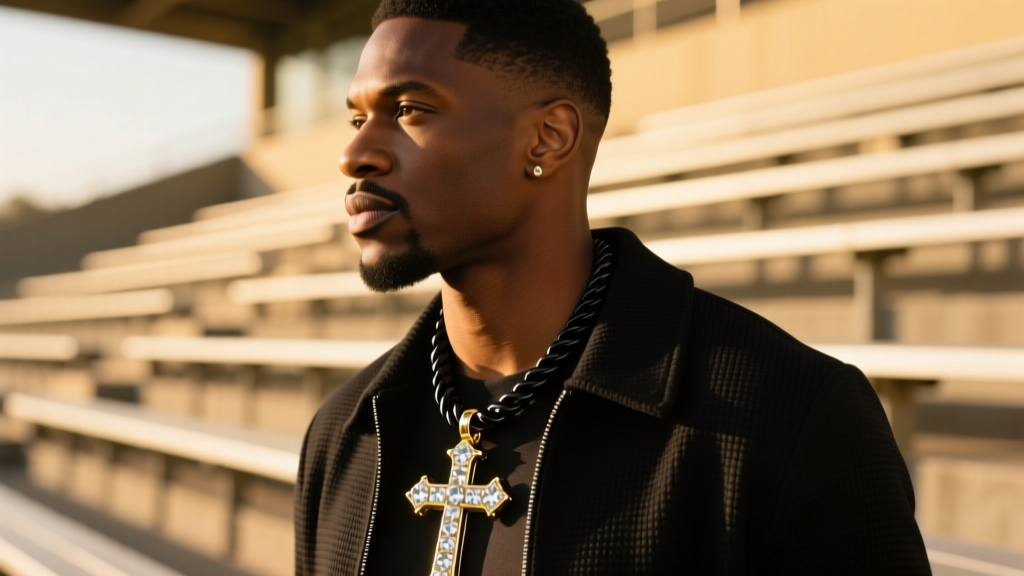 Side profile of a man wearing a heavy 20-inch iced-out cross pendant on a thick rope chain against a blurred stadium background.
