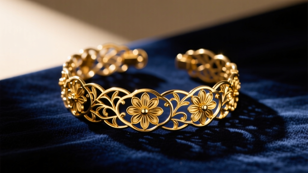 Vintage R.F. Simmons gold-filled filigree bracelet on dark velvet, showing intricate floral cut-outs under warm directional light.