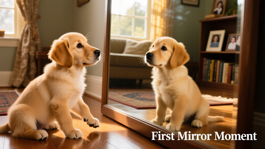 Side-by-side stills showing Saint tilting his head left and right while his reflection mirrors each movement