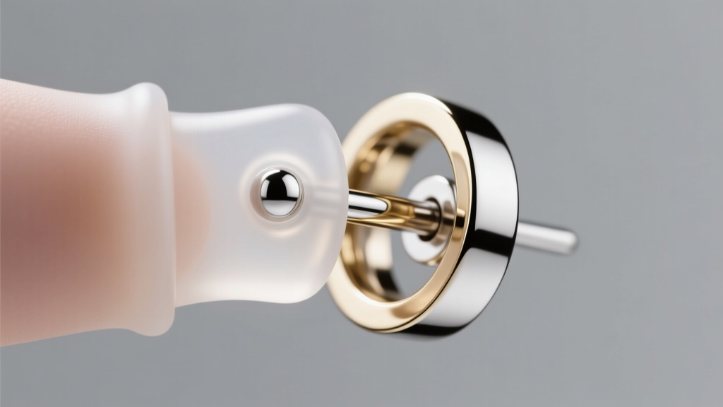 Render showing internal medical-grade silicone sleeve gripping a platinum earring post inside a polished 14k white gold housing.