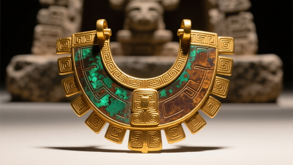 Macro photograph of a pre-Columbian Aztec tumbaga gold pectoral showing intricate lost-wax casting details and rich surface patina