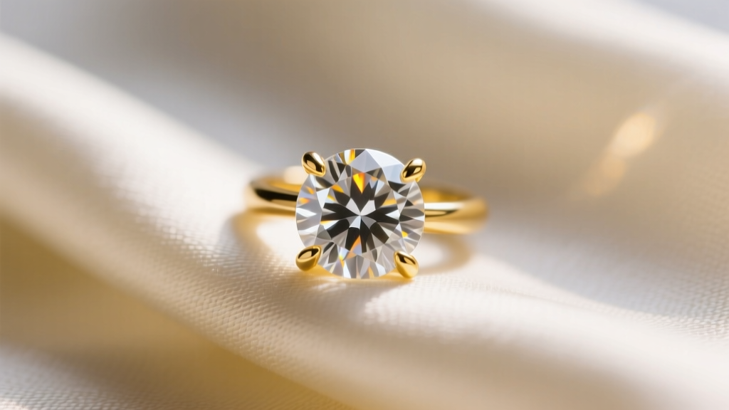 Macro shot of a 2mm round diamond in a 14k gold four-prong setting on cream silk, warm light highlighting the sparkling facets.