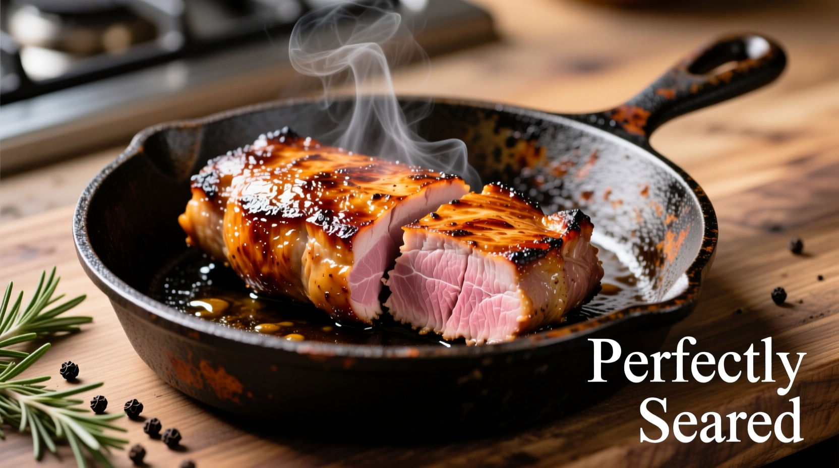 Perfectly seared pork tenderloin in cast iron skillet