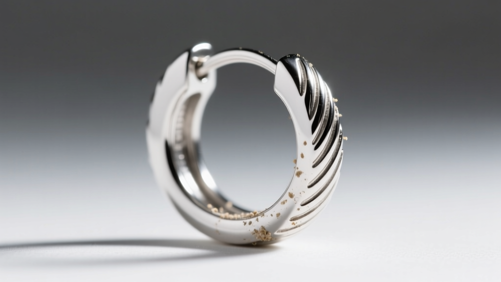 Open 11mm sterling silver hoop earring showing the grooved clasp pin under bright light to highlight microscopic debris buildup