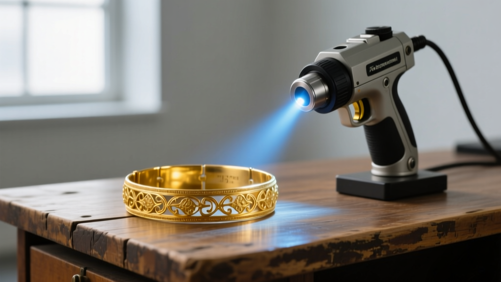 X-ray fluorescence spectrometer gun scanning an unmarked vintage yellow gold bracelet on a wooden desk, displaying purity data.
