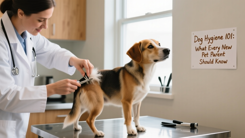 Close-up of a veterinarian carefully trimming hair around a dog's rear end during a routine hygiene check