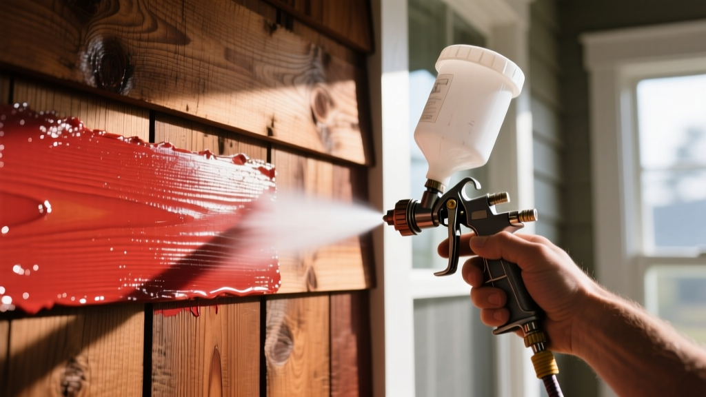 Weathered western red cedar siding being prepped and painted with a high-build acrylic latex exterior paint using a professional airless sprayer