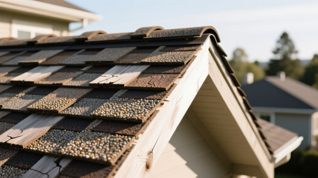 Close-up of layered architectural asphalt composition shingles in weathered wood color installed on a steep residential roof pitch