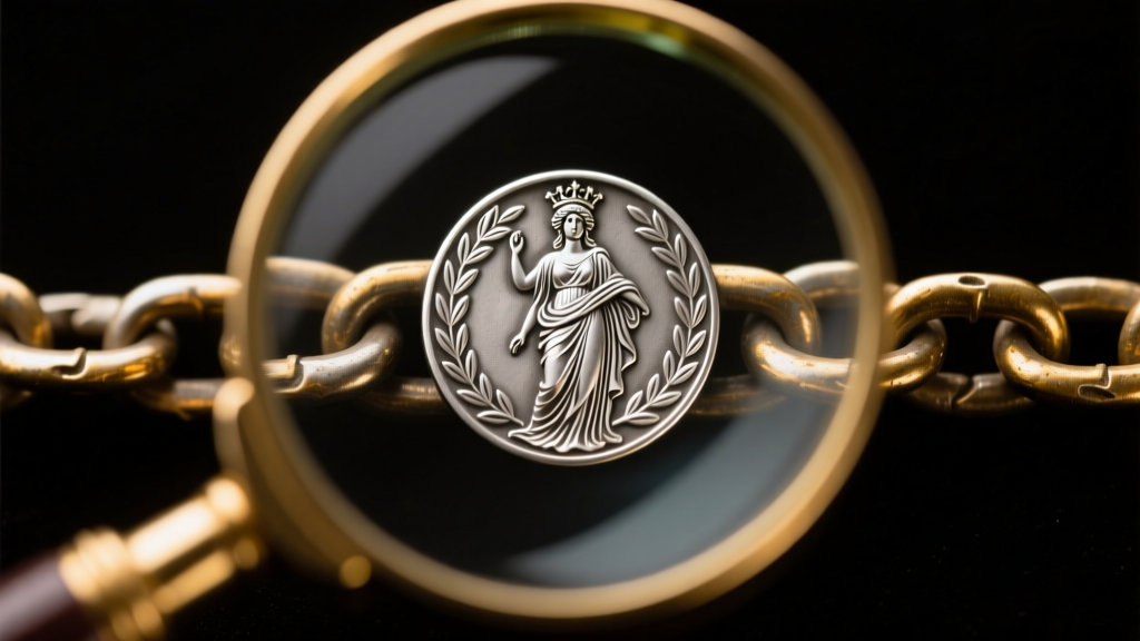 Close-up of a loupe focusing on the Minerva silver hallmark on a vintage French chain link, lit by directional studio lighting.
