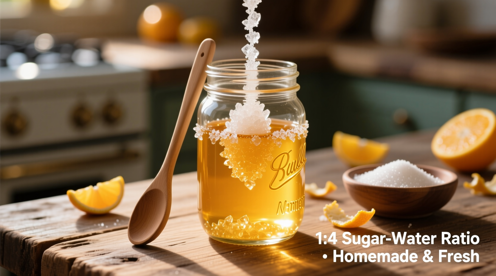 Homemade hummingbird nectar in glass jar with sugar crystals