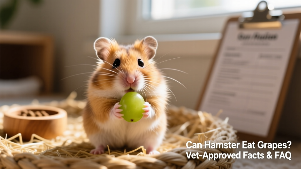 A golden Syrian hamster holding a small green grape in its paws