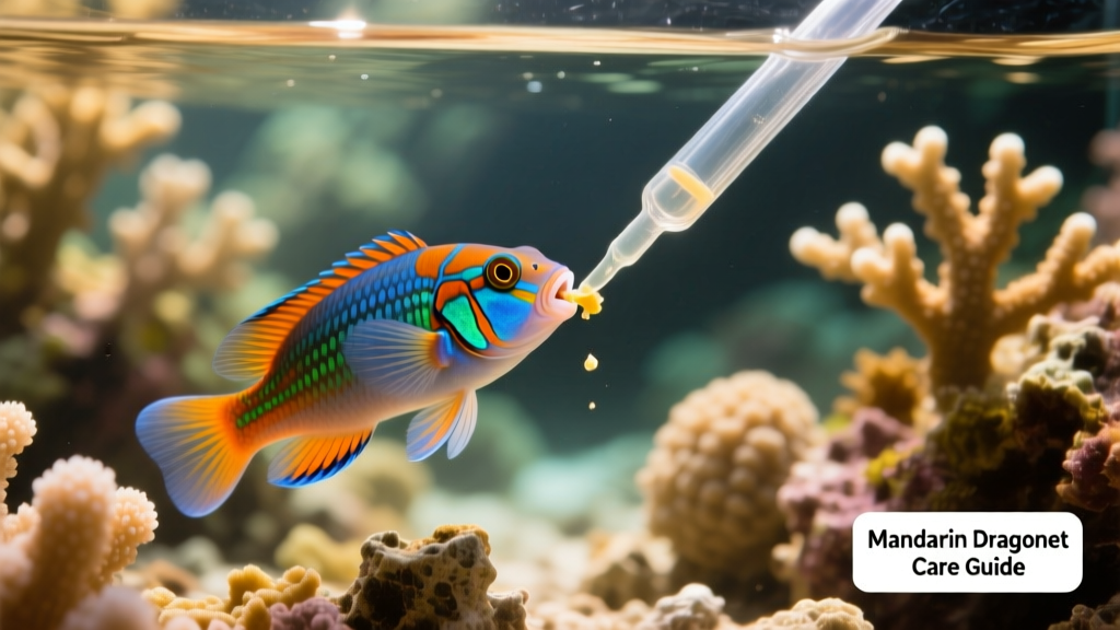 Close-up of a mandarin dragonet eating from a feeding pipette in a reef aquarium