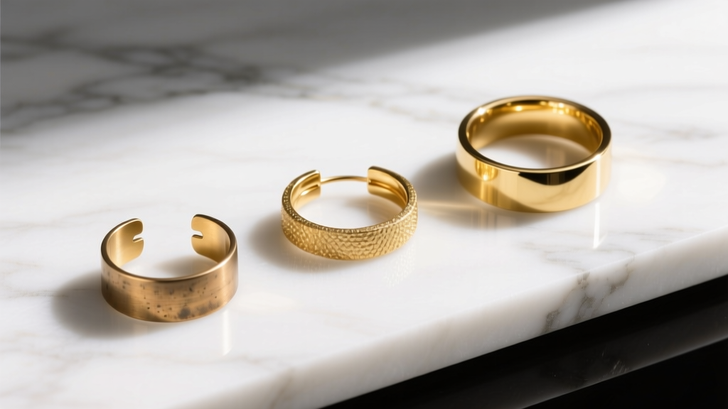 Flat lay of three ear cuffs in brass, gold-filled, and solid 14k gold on marble, highlighting material and price tier differences