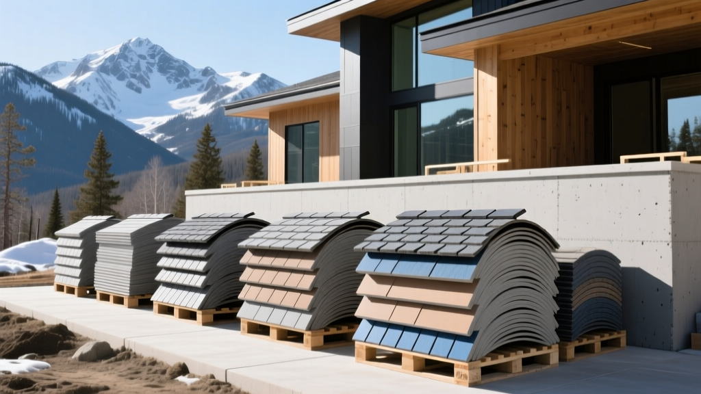 Pallets of fiber cement siding and synthetic slate roofing staged outside a modern mountain home under construction in Colorado