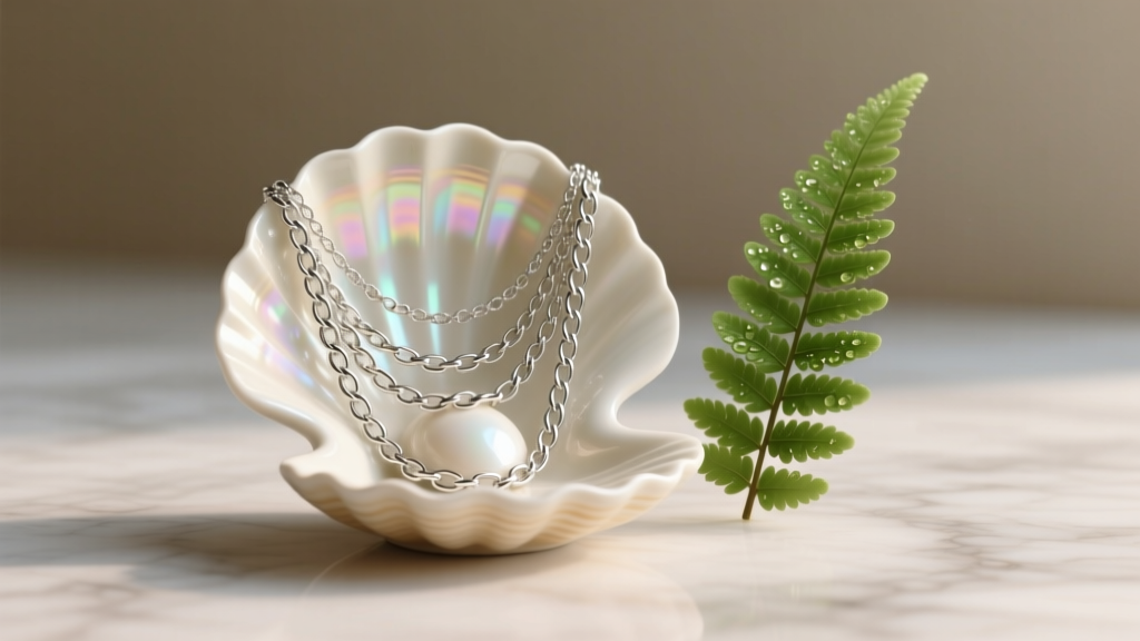 Vanity vignette with a ceramic scallop seashell jewelry holder holding layered silver chains, placed beside a small green fern